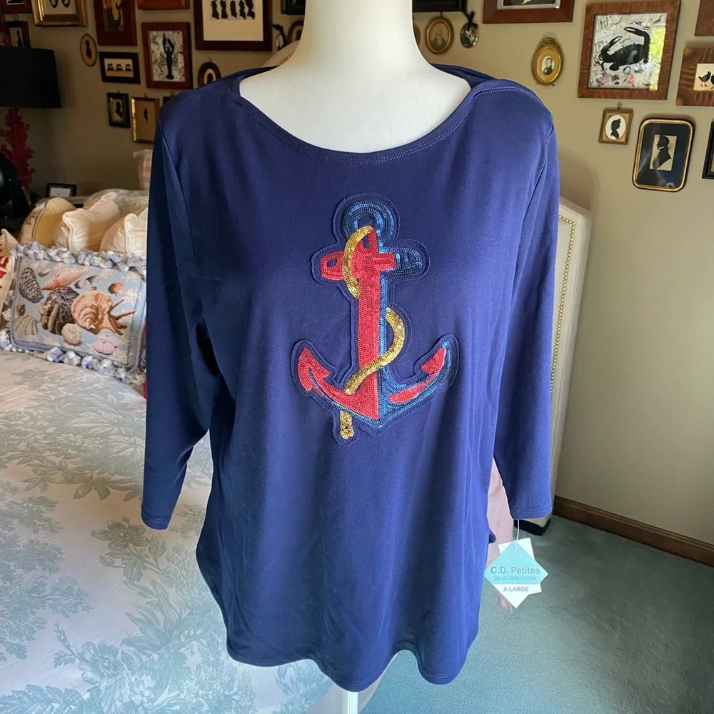 NWT Cathy Daniels Sequin Anchor Boatneck Tee, Petite - Picture 2 of 11